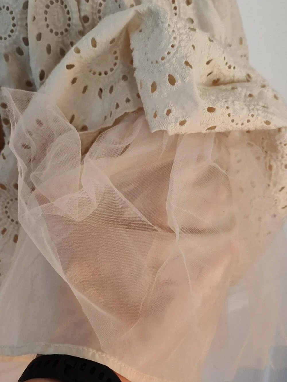 Blueberi Boulevard Cream Eyelet Bow-Tie Tiered Dress